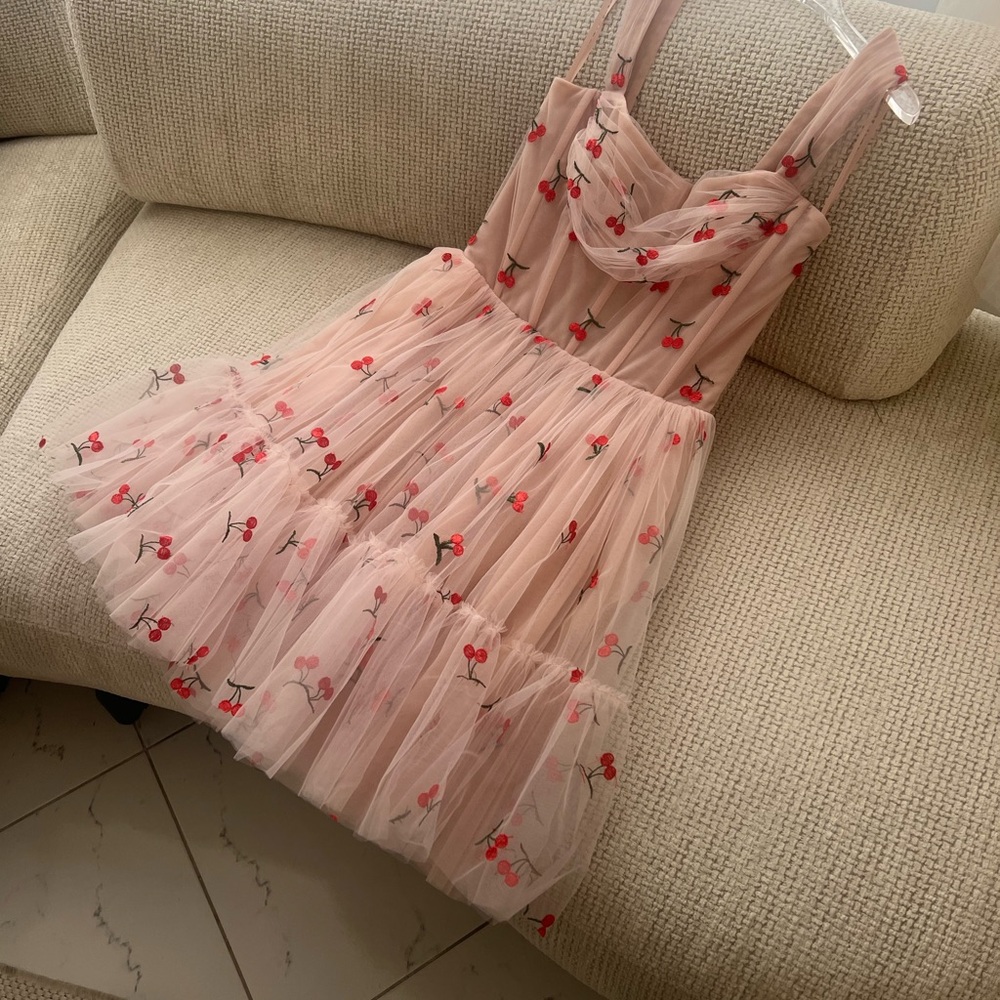 Teuta Matoshi Cherry Tulle Dress – NEW – Handmade Blush Midi Gown